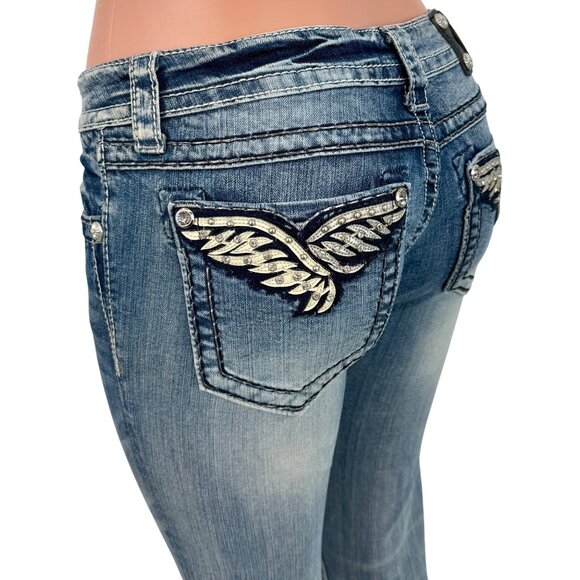 Miss Me Rhinestone Wing Distressed Skinny Jeans | McBling Y2K Early 2010s Tumblr - Picture 11 of 16